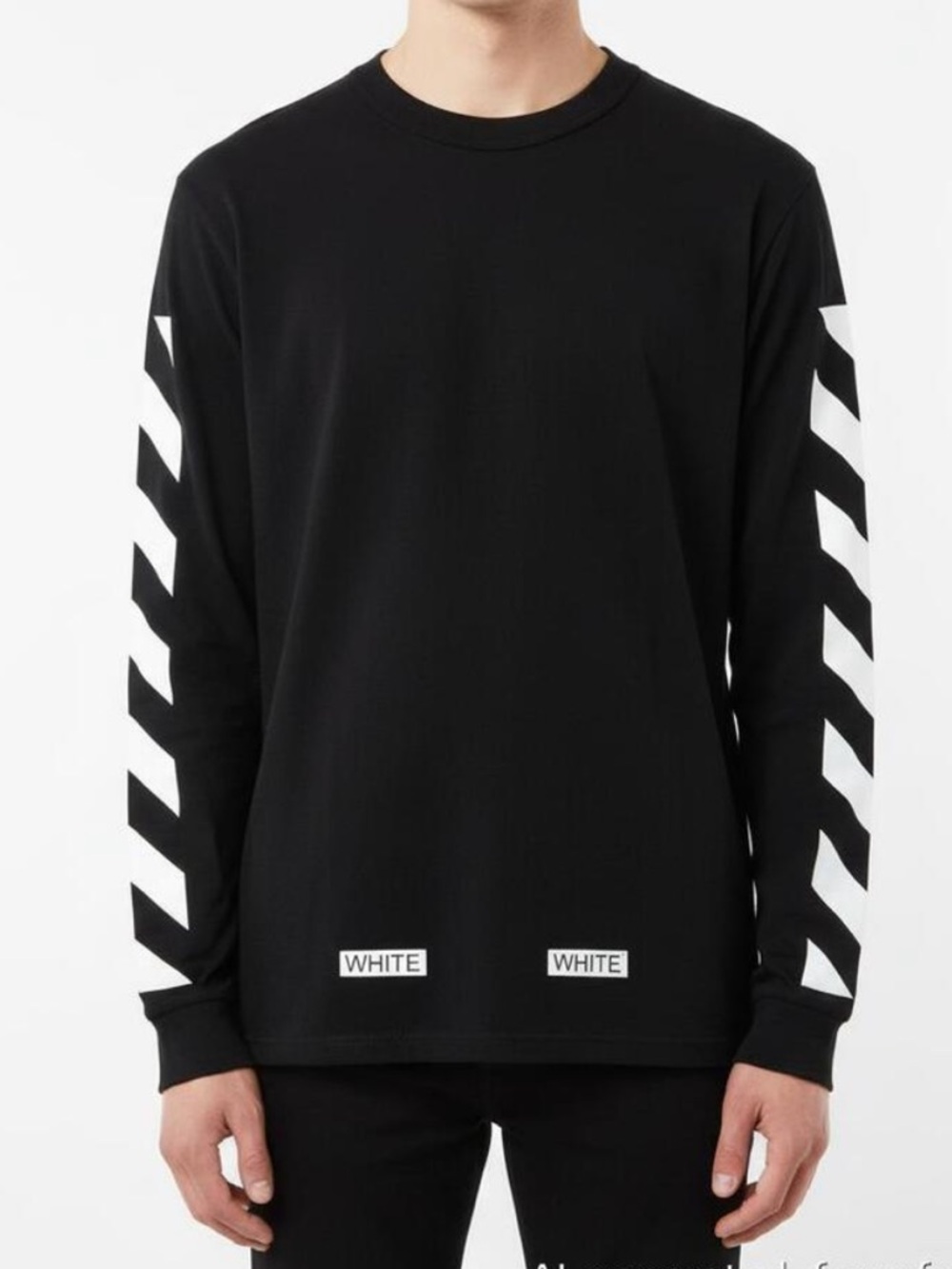 Off-White Black Long-Sleeve Tee with White Diagonal Sleeve Stripes